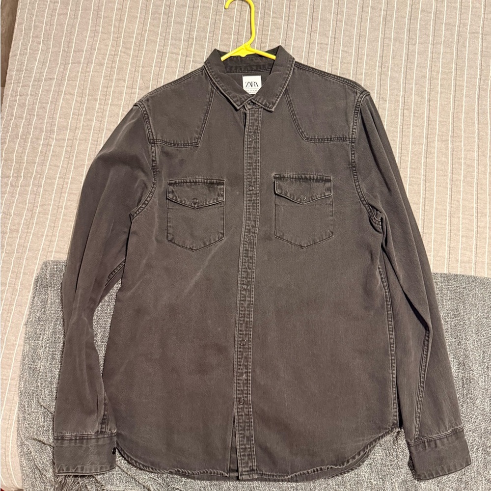 Zara Washed Black Button-Front Denim Shirt